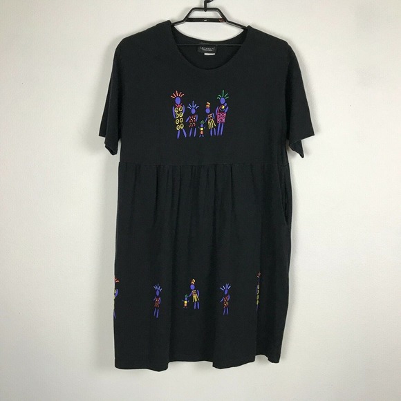 Vintage L.A. Artwear Handpainted Dress Size 2XL Black Cotton Short Sleeve Modest - Picture 1 of 6